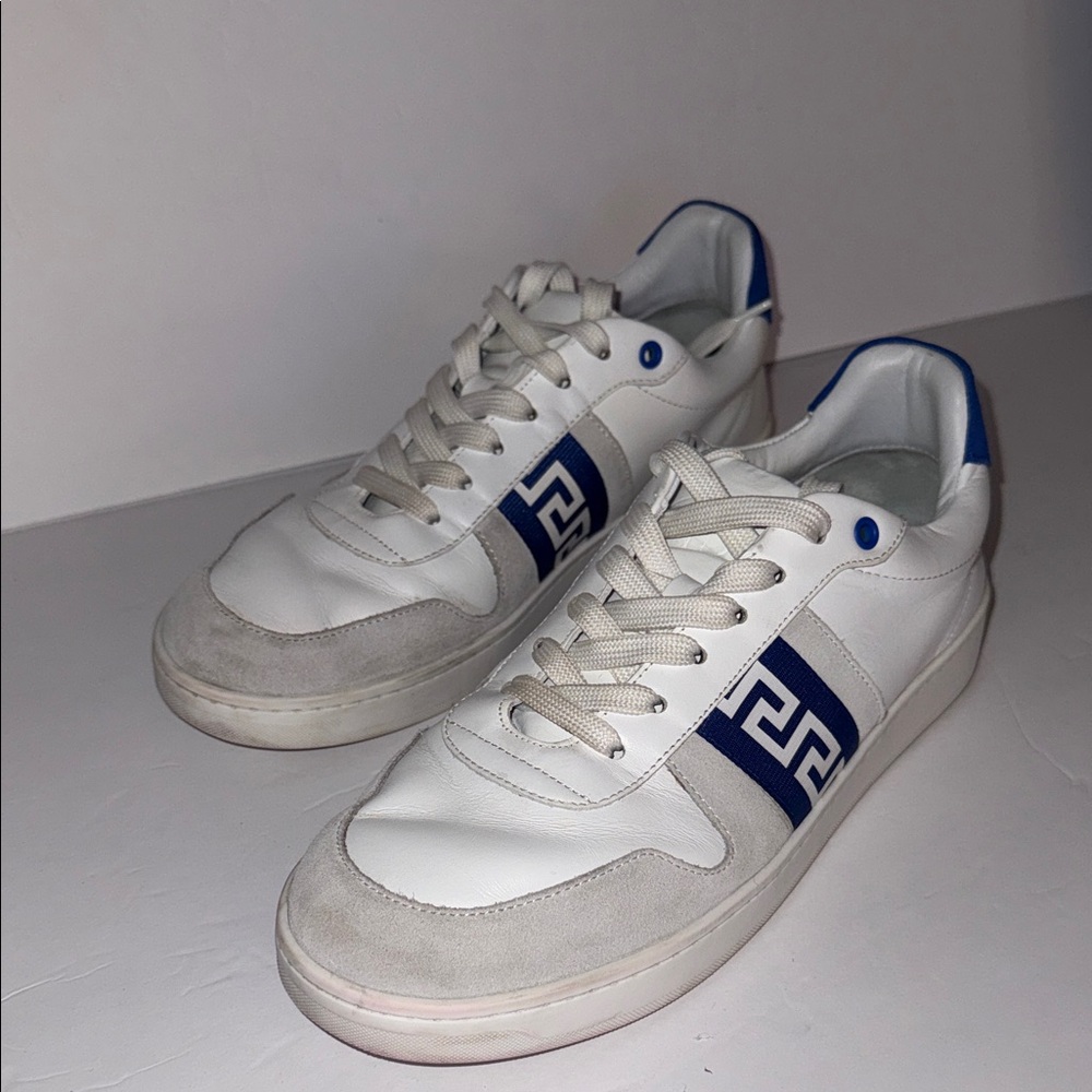 Versace Leather Low Top Greca White and Blue Men's Sneakers Made in Italy 41.5